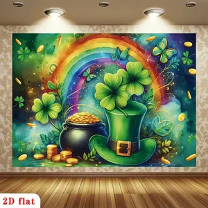1PC,2D Flat Backdrop St. Patrick's Day Decorative Backdrop, Clover Rainbow Gold Coin Themed Tapestry, Festival Party Scene Decoration Hanging Cloth, Home Bedroom Living Room Wall Decor Background C
