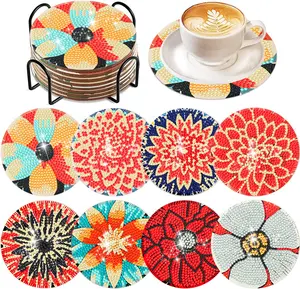 8 PCS Mandala Flower Diamond Art Coasters Kit with Holder, DIY 5D Diamond Painting Cup Mats for Adults, Boho Home Table Decor Craft Gift