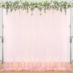 2 Panels 5ft x 10ft Pink Tulle Photo Backdrop Curtain with Lights String for Parties Wedding Sheer Baby Pink Curtain Backdrop for Birthday Party Photo Booth Photography Background Decorations with Flower Design and Hand Crafted Nature Ornaments