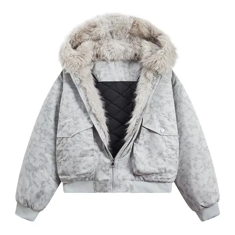 Unisex Hooded Down Jacket with Large Fur Collar Thickened and Warm for Winter Gray and Pink Couples Jackets Cotton Material Ideal for Cold Weather