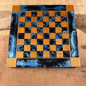 Caribbean Blue/Black Onyx Cherry Wood Chess Board (INCLUDES GLASS PIECES)