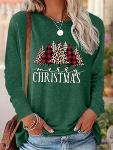 Women's Christmas Tree & Letter Print Drop Shoulder T-shirt, Casual Fashionable Top, Casual Long Sleeve Round Neck Pullover for Daily Wear, Ladies Fall & Winter Clothes
