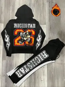 Men's Figure & Letter Print Zip Up Pocket Hoodie & Drawstring Waist Sweatpants Thermal Lined Two-piece Set, Regular Fit Casual Pocket Long Sleeve Hooded Sweatshirt & Side Stripe Trousers for Daily Wear, Men's Outfits for All Seasons