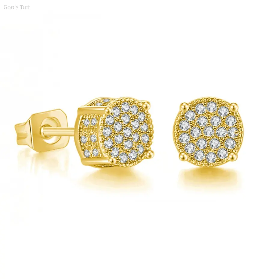 Men's Iced Out Stud Earrings, TikTok Viral Hip Hop Bling Jewelry, Micro Pave Full CZ Gold Plated Streetwear, Shiny Zircon Inlaid Street Rap Daily Accessory