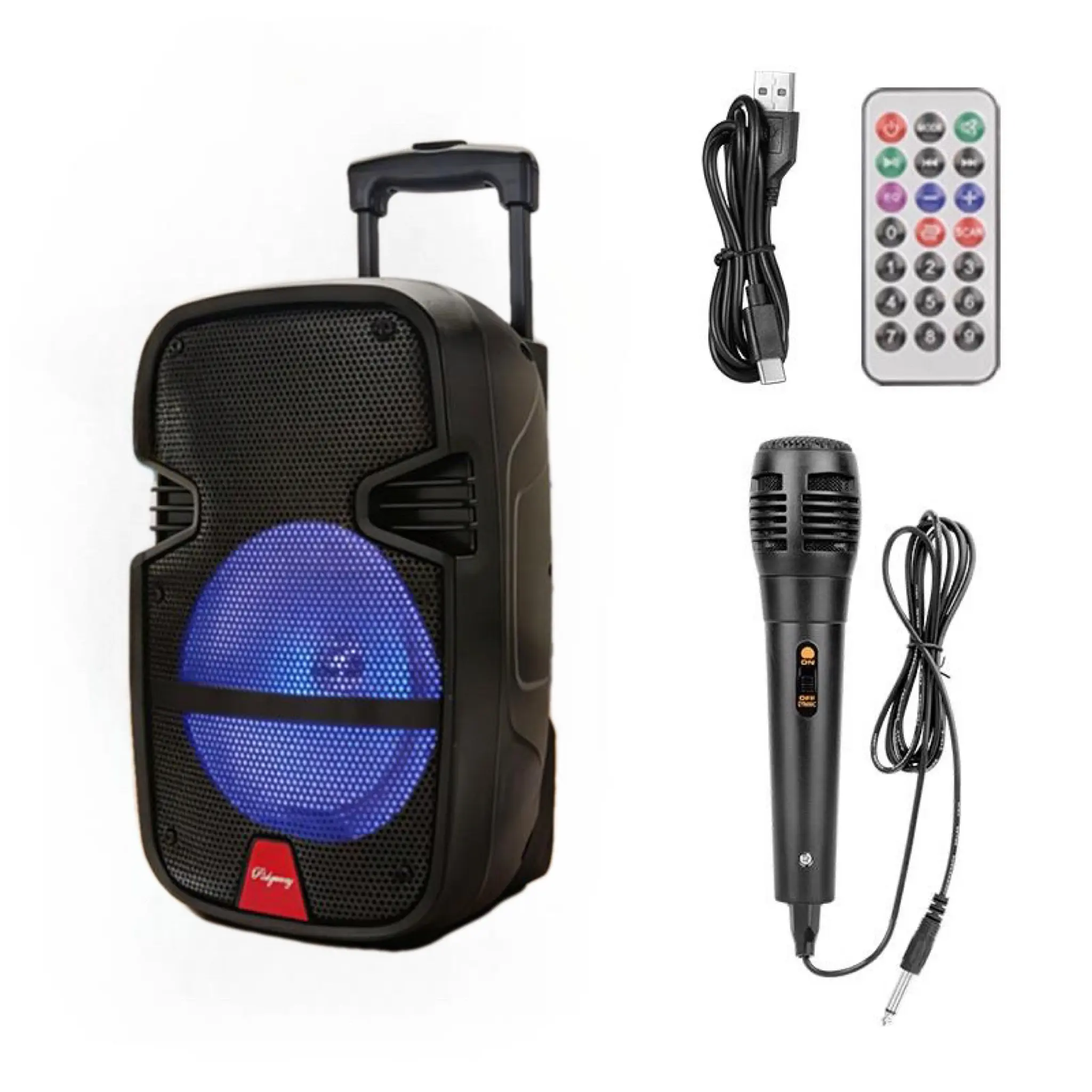 Portable Bluetooth PA Speaker System: 8-Inch Bass, 25W Stereo Sound with Wireless Microphone, LED Lights, FM Radio, AUX, Remote Control for Camping, Party, Home - Black
