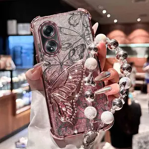 Popular White Luxury Jewelry Lanyard Strap Lanyard Phone Holder Case For Compatible With Oppo A58 A60 A78 4G Transparent Glitter Shiny Cover and Shockproof Butterfly Sketch Pattern Protector Cases