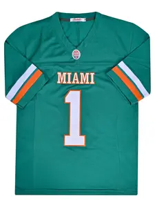 Men's Miami Letter & Figure Patched Striped Football Jersey, Regular Fit Sporty Short Sleeve V Neck Top, Men's Sportswear Clothing for Indoor Outdoor Wear