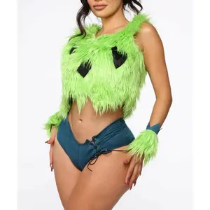 Women's Pebbles Costume Fashionable Furry Crop Tank Tops with Tied Shorts and Wristbands Cosplay Outfits