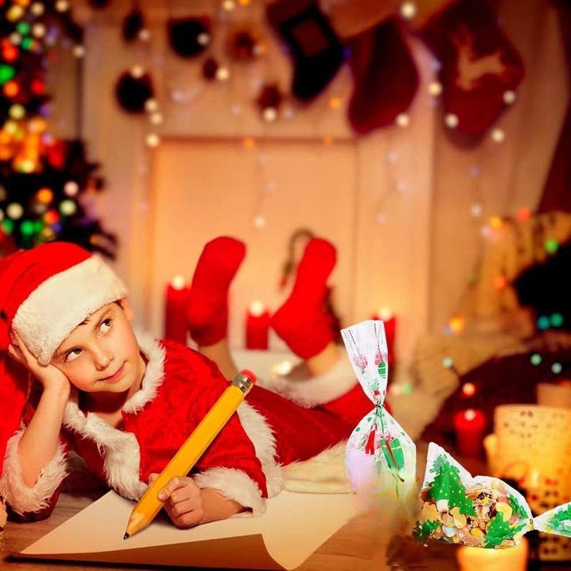 200 Pcs Christmas Cellophane Treat Bags, Xmas Clear Cello Gift Bags Candy Goodies Bags with Twist Ties for Christmas Party Supplies