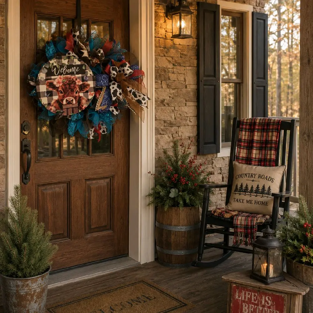 Highland Cow Door Wreath, Decorative Front Door Ornament for Home Entryway