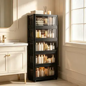 Folding Storage Cabinet with Wheels, Space Saving Organizer Unit for Bedroom Living Room-Mobile Folding Cabinet with Swivel Casters & Lockable Wheels, Rolling Storage for Kitchen Bathroom
