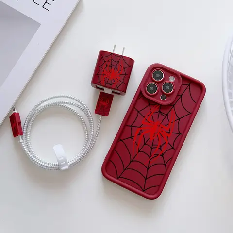 6-Piece Set, Mobile Phone Accessories Spider Pattern Shockproof Protective Phone Case Tpu Smartphone Cover Phone Protector + Charger Head Cover + Cable Protector + Data Line Protection for iPhone 15/16 Series, Mobile Phone Casing