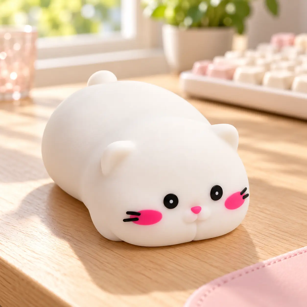Cute White Cat Squishy Toy, Crunchy Feel TPR Squeeze Fidget with Pink Blush, Washable Cat Loaf Sensory Toy for Desk Breaks, Desktop Decor & Gifts for Teens and Adults stress relief