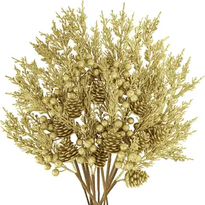 12 count Christmas Artificial Pine Branches  Glitter Pine  with Pinecone and Berries Christmas Floral Picks 14.2" for  Christmas Tree Wreaths Centerpieces Holiday Decorations