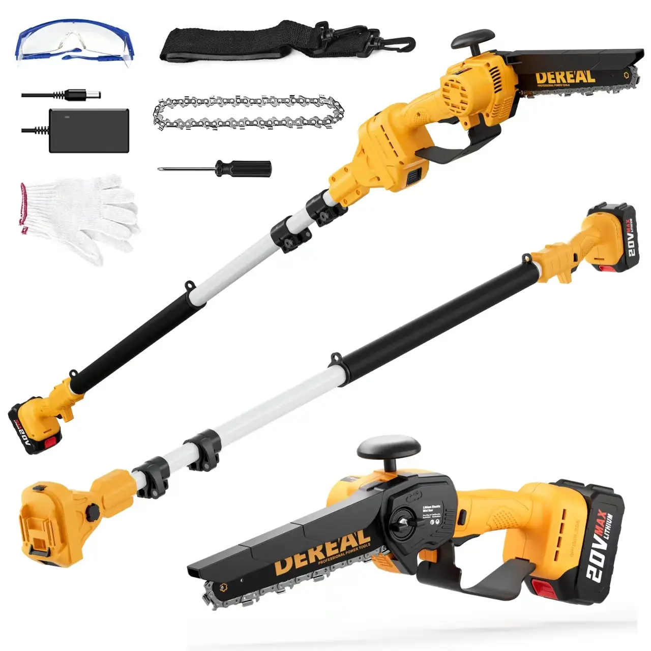 DEREAL Pole Saw Cordless, Battery Powered Pole Saws for Tree Trimming, 20V 4.0Ah Battery Pole Chainsaw, 6''- 8" Cutting Cordless Power Pole Saw, 17ft