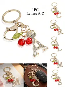 Bling Rhinestone-Encrusted Crown & Letter Keychain With Cherry Pendant,Alphabet Initial A-Z Gold Letter Keyring,Sparkling Crystal Crown Letter Bag Charm Cherry Ornament,Backpack Purse Accessory,Car Key Chain Gift For Back To School,Valentine's/Teacher's D