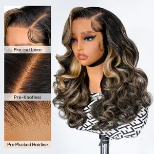[West Kiss] Left Side Part Highlight Blonde Body Wave Glueless 13x4 Lace Front Wig Human Hair Pre Cut Pre Plucked Hairline Wigs