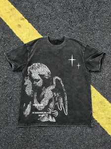 Unisex design, Menswear, American retro street style, angel-star pattern print loose-fitting round neck wash-resistant cotton short-sleeved T-shirt, moisture-wicking and breathable, retro street versatile suitable for year-round wear