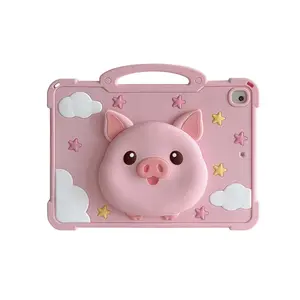 Cute Pig iPad Case for Kids, Soft Silicone Protective Cover, Anti-Drop, Extendable Stand, Compatible with iPad 7th-11th, Air 11 Inch