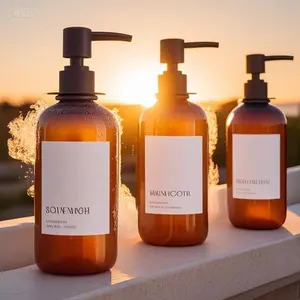 "Modern Bathroom Dispenser Set - Drill-Free Wall Mount Shower Bottles - 21oz Easy Refill Soap Containers - Stylish 3-Piece Shower Organizer - Waterproof Labels for Instant Decor Upgrade"