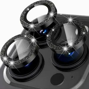 Stylish Black Glitter Metal Ring Tempered Glass Camera Lens Protector for iPhone, Protect Your Phone Camera with Ultimate Coverage Smartphone Camera Accessories