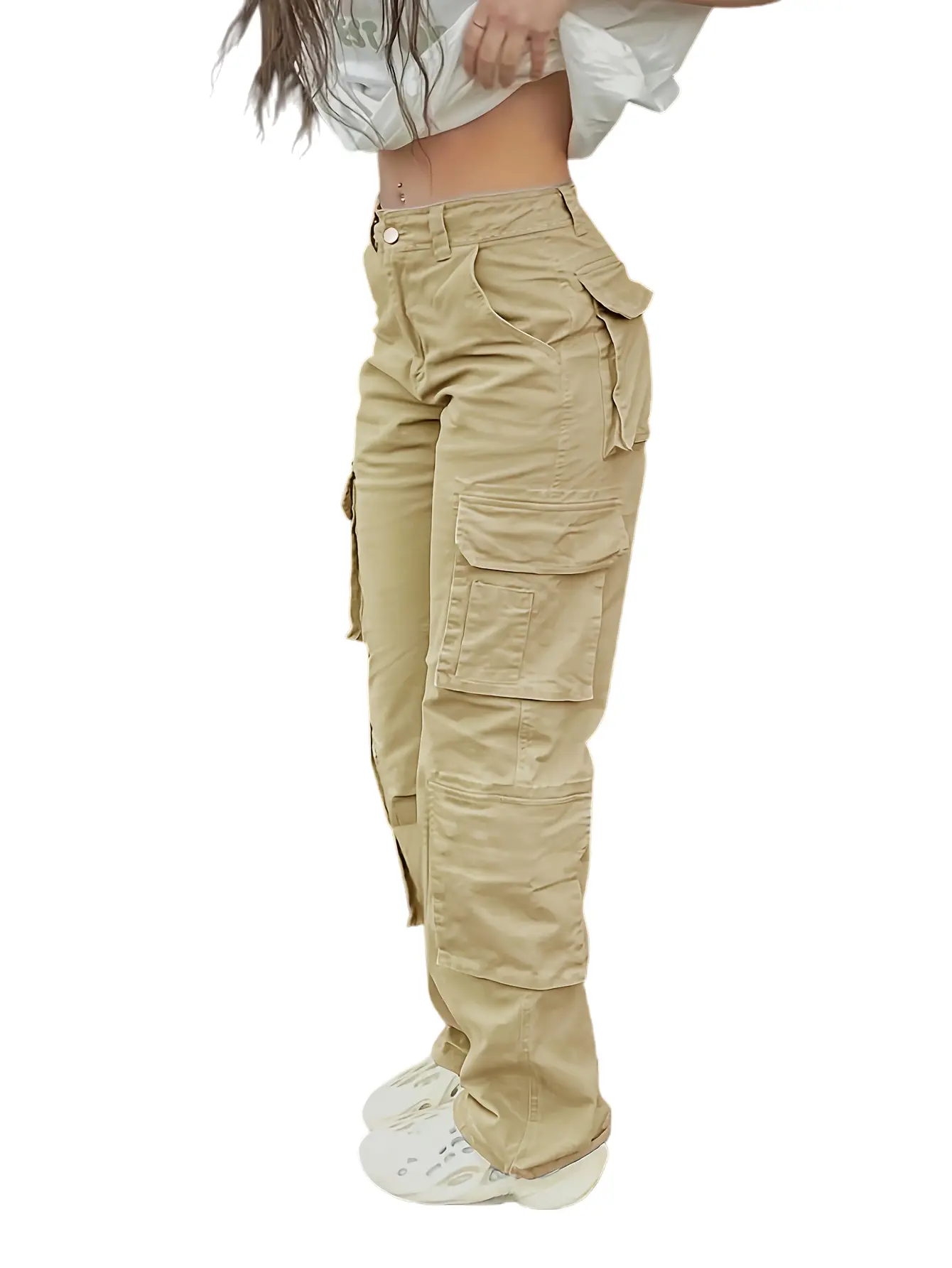 Women's Plus Size Stretch Cargo Bottoms - Adjustable Waist Trouser with Cargo Pockets for Work, Streetwear Fashion, Bottom, Cargo Pants Women