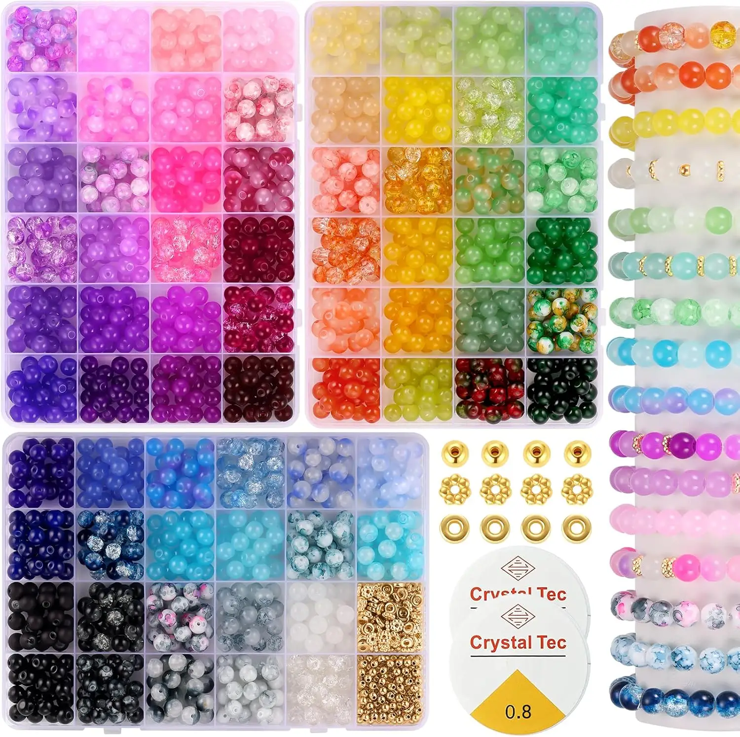 Funtopia 8mm Glass Beads Bracelet Making Kit, 1540counts 70 Colors Crystal Beads for Jewelry Making, Funtopia Round Glass Beads for Bracelets and DIY