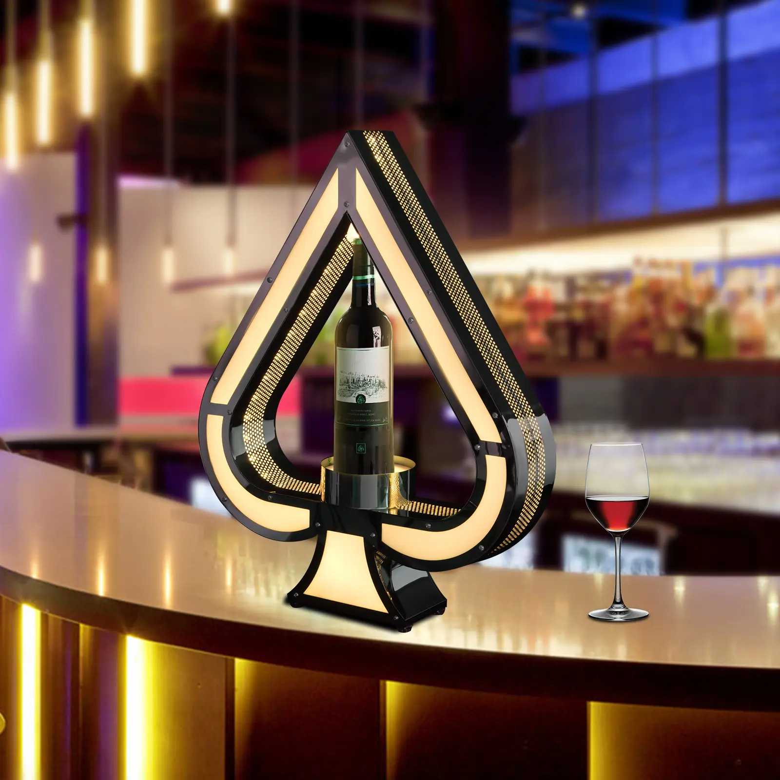 CNCEST Sturdy Acrylic RGB LED Wine Bottle Display Stand - Silver Ace of Spades Wine Rack with Remote, 7-Color Changing Lighting, for Bar Utensils, Decorations (Room, Living Room), Room Decorations