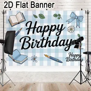2D flat banner, 1pcHappy Birthday Checkered Backdrop with Books Pens Bows Flowers for Whimsical Birthday Party Decor