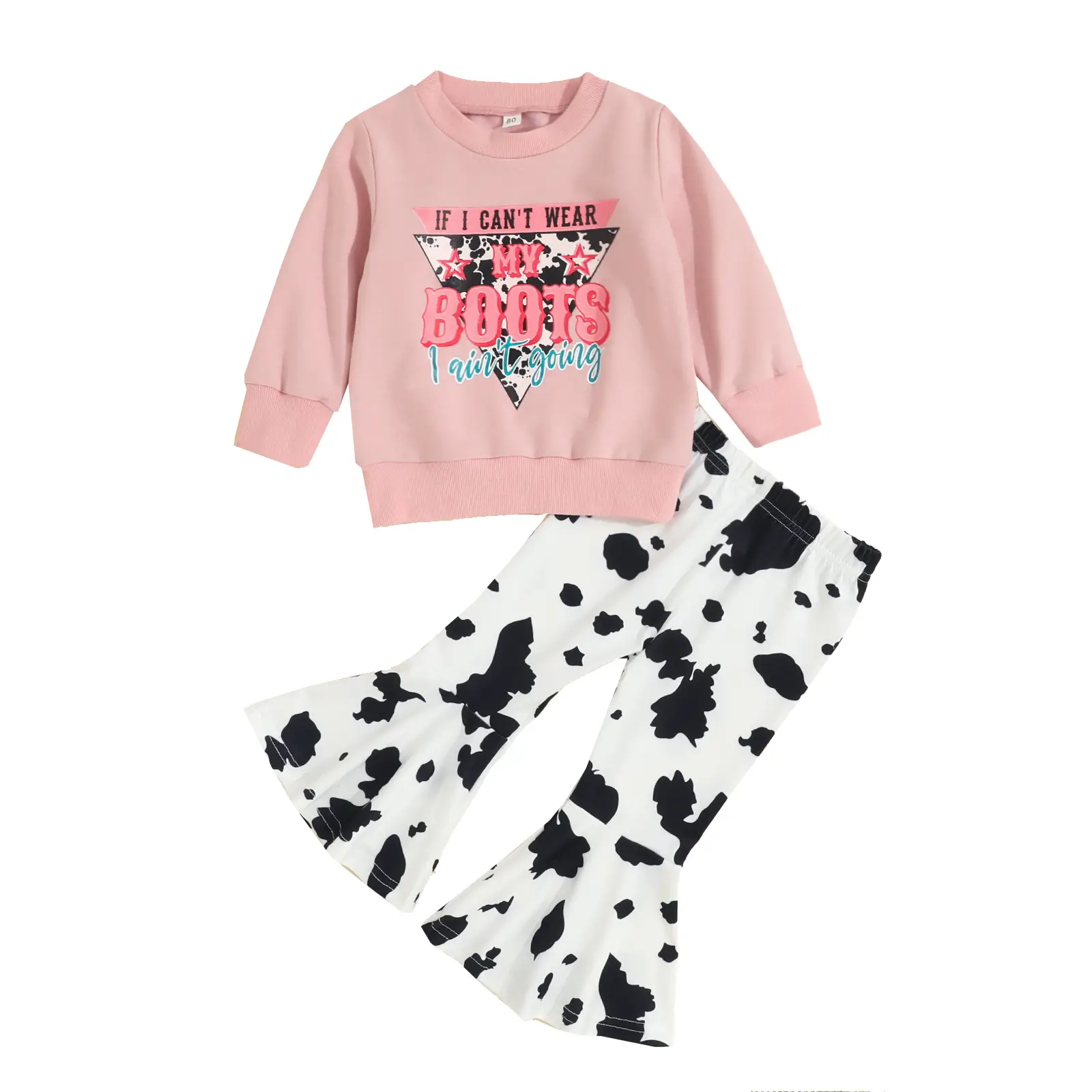 Canrulo Toddler Western Baby Girl Clothes Bell Bottom Outfits Long Sleeve Cowgirl Sweatshirt + Cow Print Pants Fall Outfits