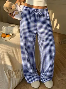 Women's Blue & White Gingham Adjustable Drawstring Waist Wide Leg Pants, Casual Summer Trousers, Suitable for Daily Wear and Vacation Outings, Casual Loose Pants