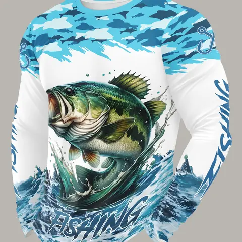 Practical Fishing Gear, Wild Catch Atmosphere Full, Outdoor Long Sleeve T-Shirt, Spring & Fall Casual Fitted Figure Top, Fishing Clothes