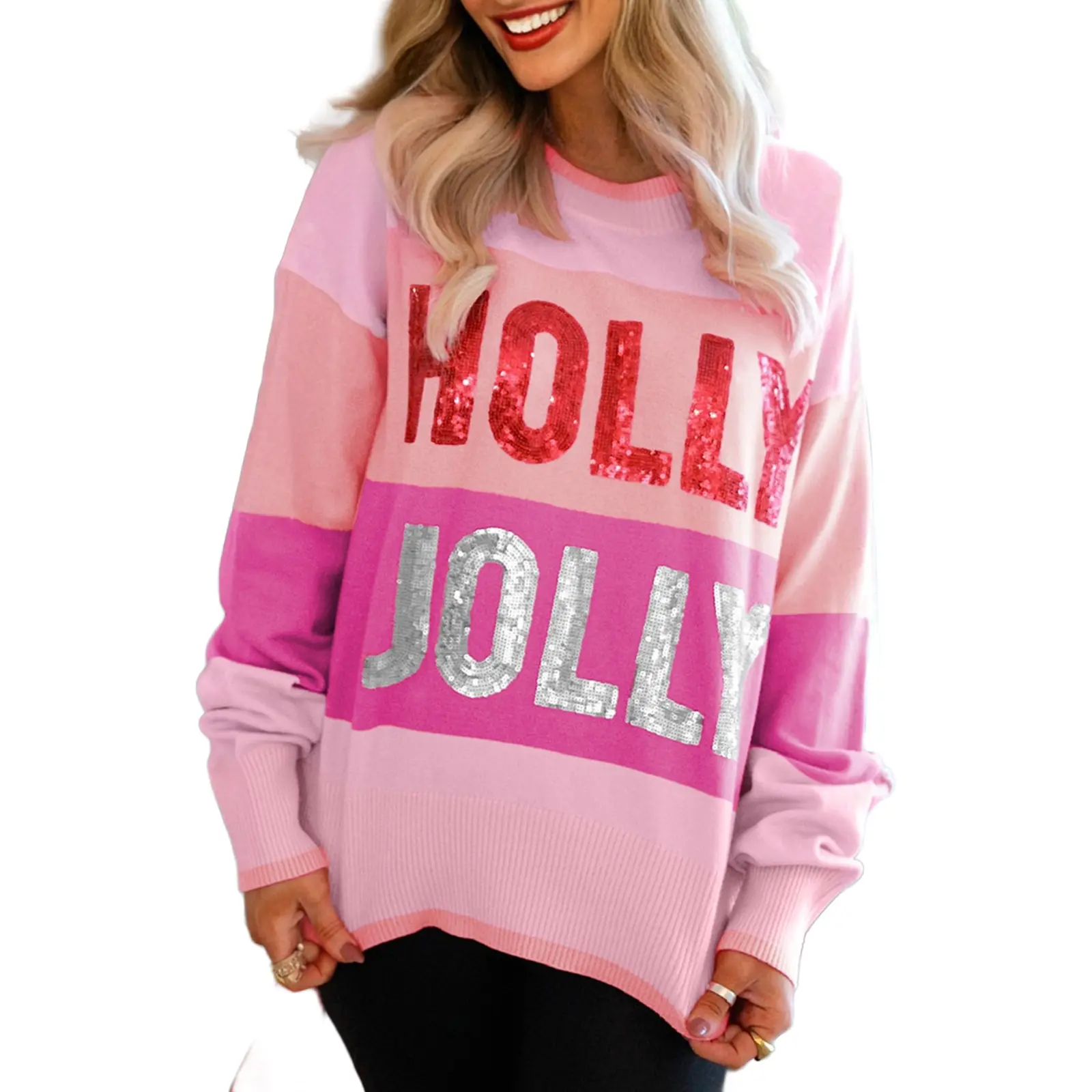 Sequined HOLLY JOLLY Color Block Crew Neck Sweater