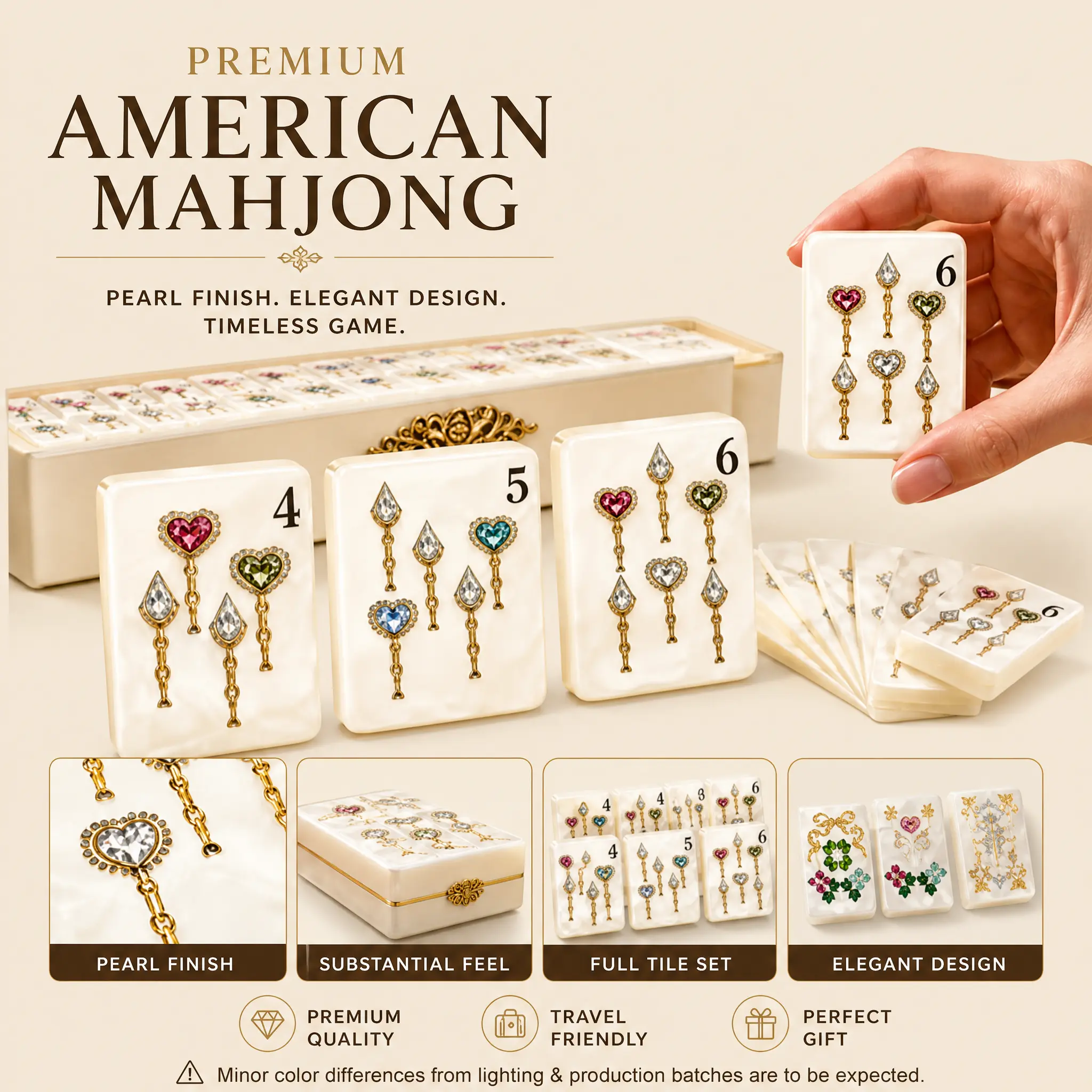 Premium Quality Mother-of-Pearl American Mahjong Tile Set - Handcrafted Smooth Durable Acrylic, Pearlescent Exquisite Designs, Embroidered Details, Ideal for Parties & Indoor Recreation, Perfect Gift