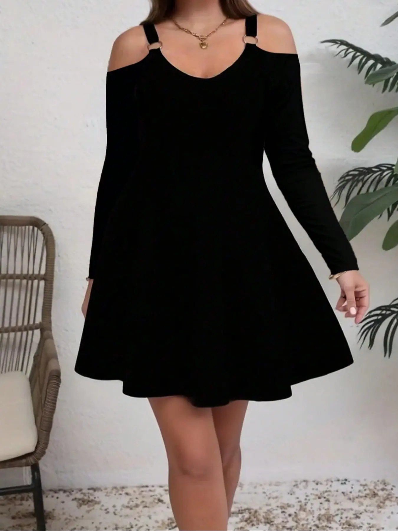 Autumn Fashion Elegant Minimalist Casual Basic Solid Color Backless Long Sleeve Dress, Women's Stylish Comfortable Daily Wear, Perfect for Fall