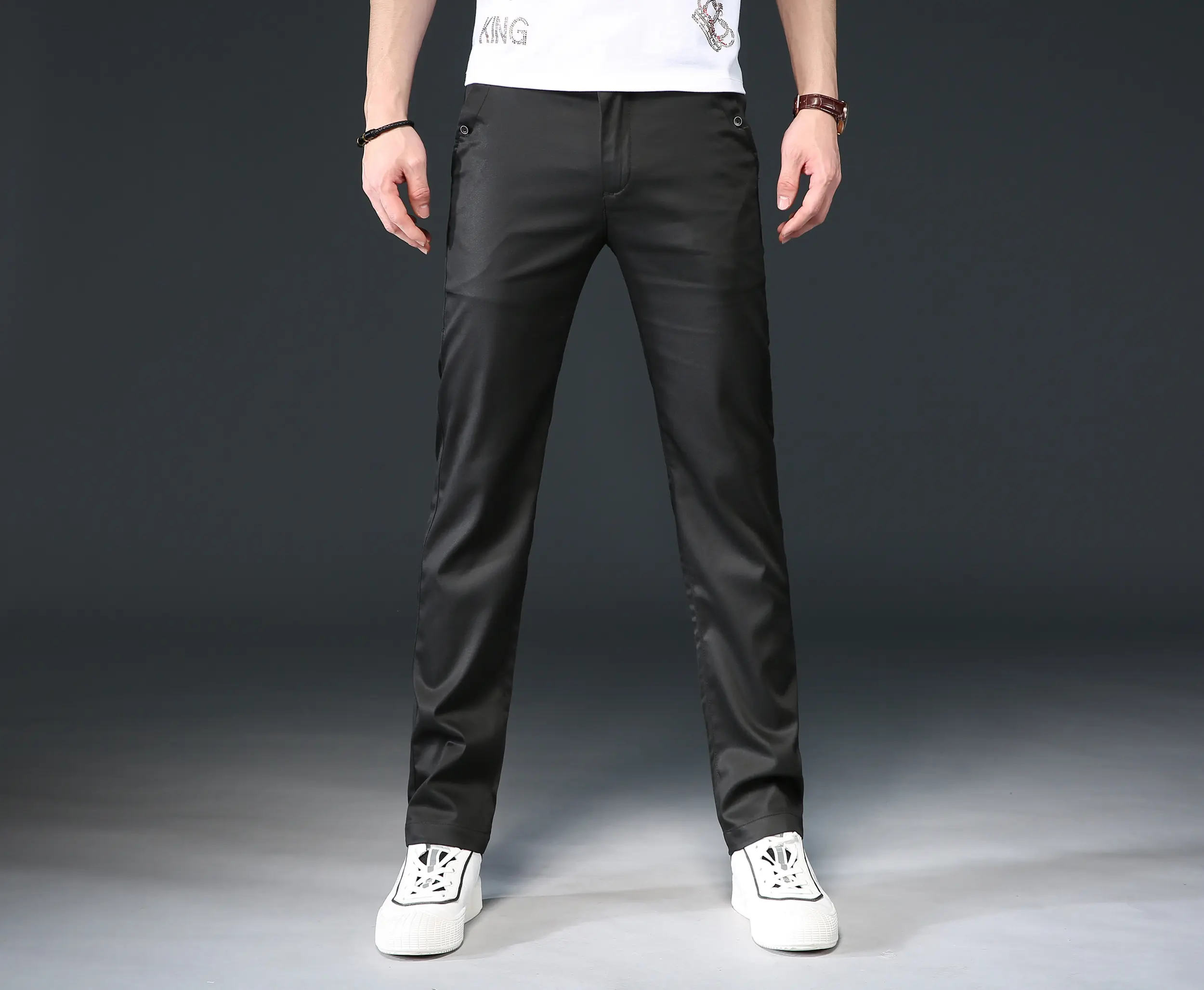 [P348] Men's Black Casual  Pants — Slim Straight Fit, Lightweight Stretch Trousers with Pockets, Comfortable Dress Pants for Business Casual & Daily Wear