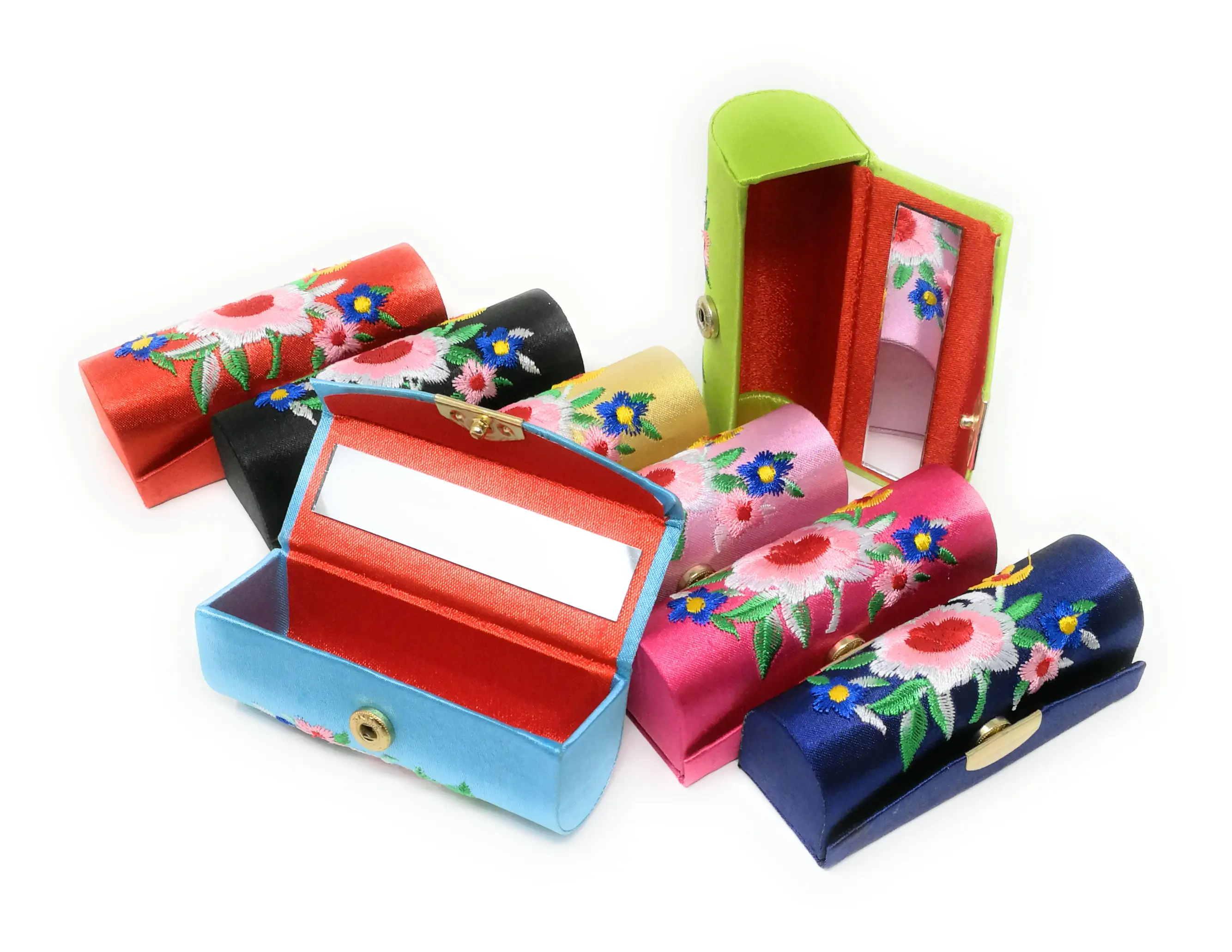 Thy Home Assorted Colors Lipstick Storage Box Pack - Silk Embroidered Floral Fabric, Built-in Mirror, Snap Button Closure, 3.5"l x 1.25"w, 1-Standard Lipstick Capacity, Built-in Organizer, Pocket-Sized Home Organizer, Gifts for Birthdays, On-the-Go Use, S