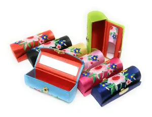 Thy Home Random Assorted Colors Lipstick Case Set - Silk Fabric with Embroidery & Floral Print, Holder with Inside Mirror, Snap Button Closure, Holds 1 Standard Lipstick, Asian-Style Home Organizer Storage Box for Party Gifts