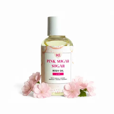Pink Sugar Vanilla Scented Liquid Body Oil - 4oz Travel Size, Hydrating Moisturizing, Skin-Softening Vegan Fragrance with Plant-Based Natural Oils, Strawberry, Caramel, Non Toxic, Cruelty Free for Daily Body Care, Vanilla Scents Compatible-Room Spray Base
