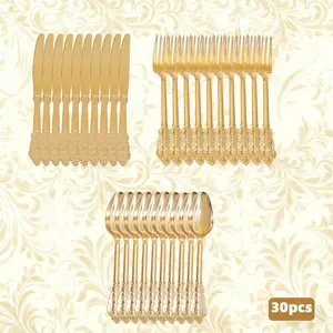 30PCS Royal Classic Retro Carved Gold Dinnerware Set ✨🍽️ - Elegant Shiny Tableware for Weddings/Family Gatherings, Black Friday Deal: Ideal Christmas/New Year Gift 🎁