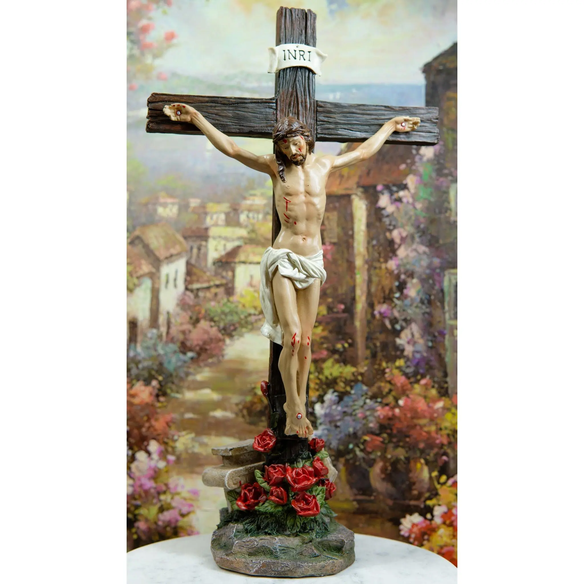 Ebros Religious Jesus Christ On The Cross Figurine with Rose of Sharon Base, Decorative Crucifix Home Decor Statue for Gifting