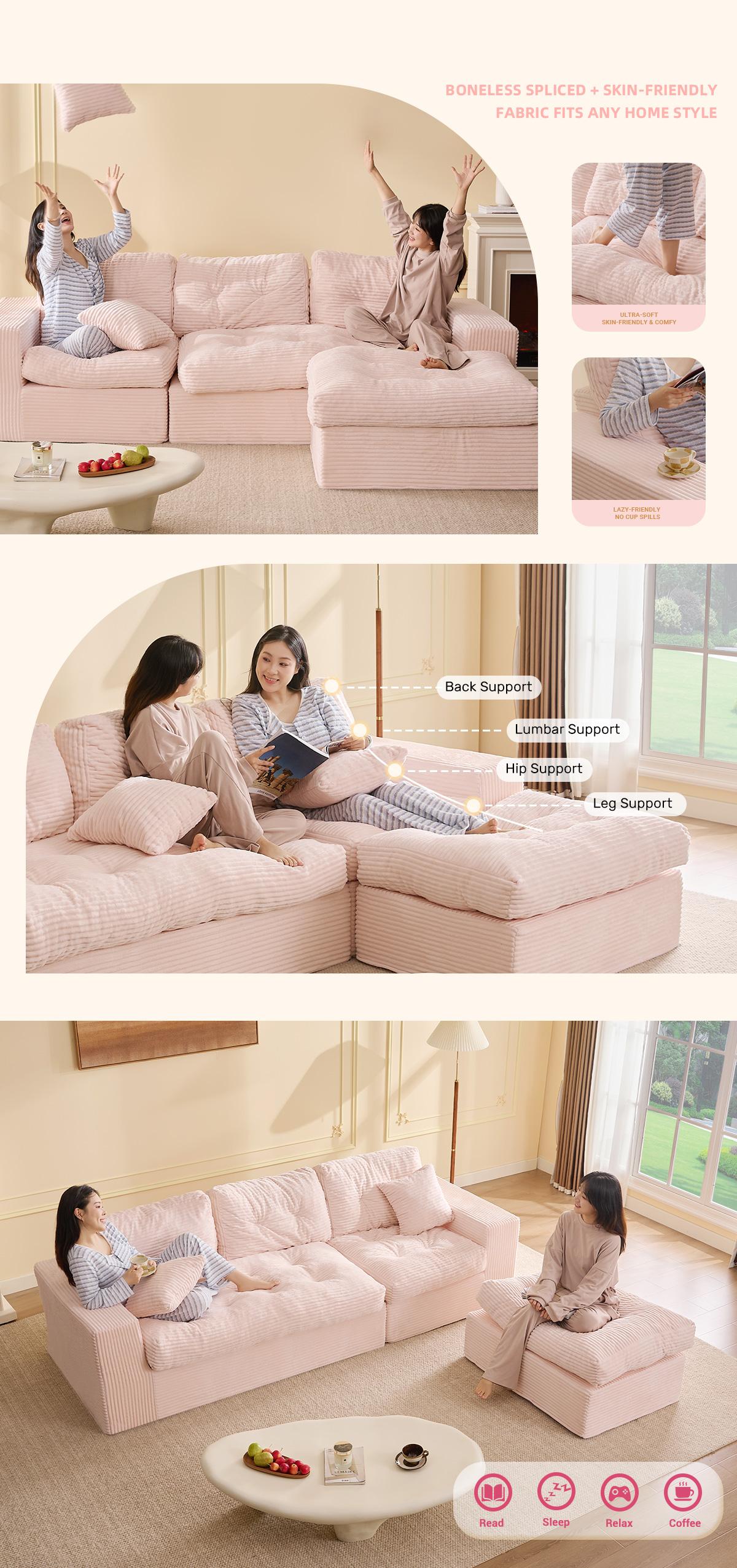 【2 Packages Shipping】Boneless Sectional Couch,Modular Sectional Sofa, 102” L-Shaped Corduroy Couch with 1 Ottoman, Deep Seat Comfy Sectional for Living Room, Set of Soft Upholstered Cloud Couch for Apartment，Furniture,Sofa Bed Couch,Pink Couch