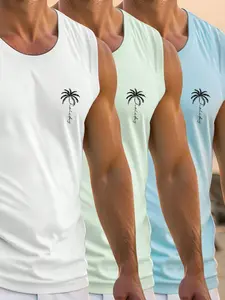 3pcs New Men's Tank Top | Summer Fashion Vacation Tropical Coconut Tree Print Design | Casual Crew Neck Sleeveless T Shirt for Summer | Street American Style | Unisex Couple Wear,Suitable For Daily Wear, The Ideal Gift To Give Him Is A Summer Top