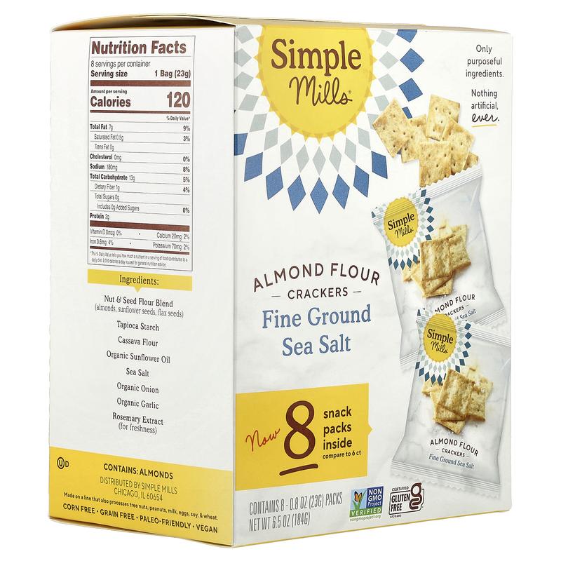 Simple Mills Almond Flour Crackers, Fine Ground Sea Salt, 8 Packs, 0.8 oz (23 g) Each