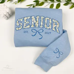 Embroidered Senior Coquette Bow Sweatshirt, Customized Grad Year, Senior Cheer Shirt, Graduation Shirt, Class Of 2027 Shirt, Floral Senior Shirt.