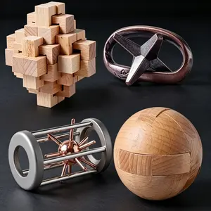 4-Pack Wooden & Metal Brain Teaser Puzzles Set, 3D Interlock Unlock Disentanglement Toys, Educational IQ Logic Games, Desk Office Fidget Gifts for Adults & Kids