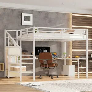 Queen Size Loft Bed with Stairs,L-shaped Desk and USB, Heavy-Duty Metal Loft Bed with Wardrobe and Adjustable Shelf, High Loft Bed with LED for Teens Adults, Noise Free, White