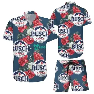 Vintage Busschh Light Red Apple Tropical Fern Men's Hawaiian Shirt and Short Light Beer Lovers Swim Trunks, Father's Day Aloha Gift for Him, Trendy Casual Breathable Surfing Beach Shorts Swimwear Menswear