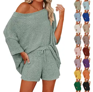 Fessceruna Womens 7 Piece Knit Outfits Off Shoulder Sweater Tops Shorts Lounge Pajamas Set Summer Suit