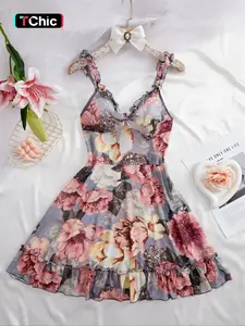 Women's Floral Print Bow Decor Ruffle Hem Mesh Cami Nightdress, Adjustable Spaghetti Strap Backless Nightgown, Fashion Ladies' Sleepwear for Daily Wear, Sleepwear Dresses